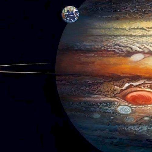 The image shows a view of Jupiter with its Great Red Spot and a small depiction of Earth in the distance.