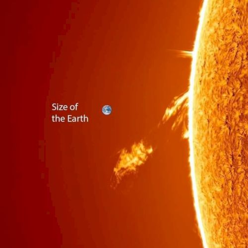 The image shows a portion of the sun with a comparison to Earth's size, highlighting the sun's massive scale relative to Earth.