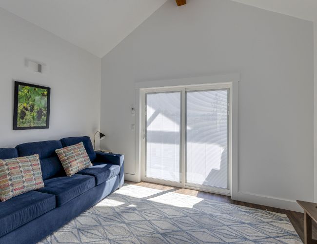 Bright living room with a blue sofa, framed wall art, TV on the right, and large windows with blinds.
