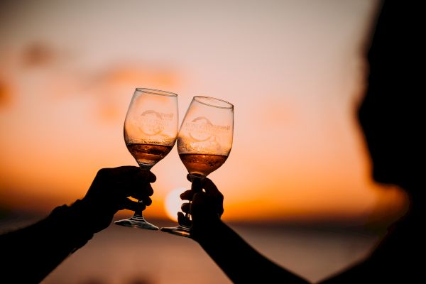 Two people are clinking wine glasses against a sunset background.