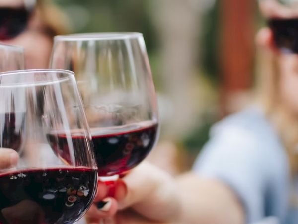 People are toasting with red wine glasses in a celebratory or social gathering atmosphere.