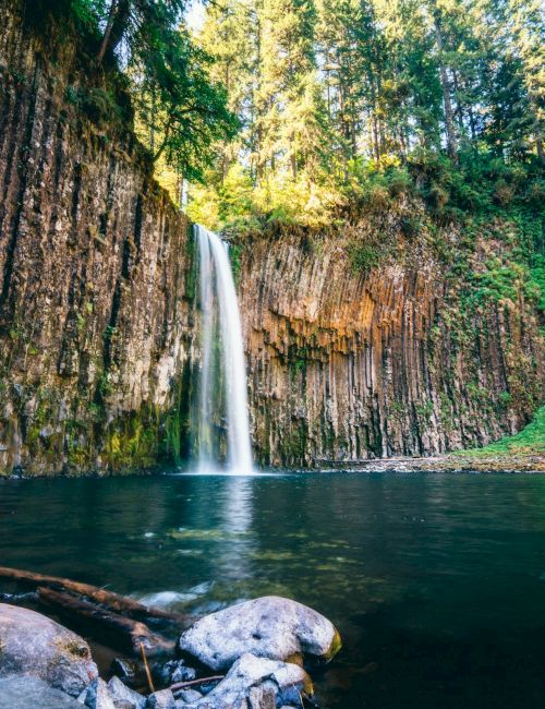 A serene waterfall cascades into a clear pool surrounded by basalt formations and lush greenery on a bright, sunny day.
