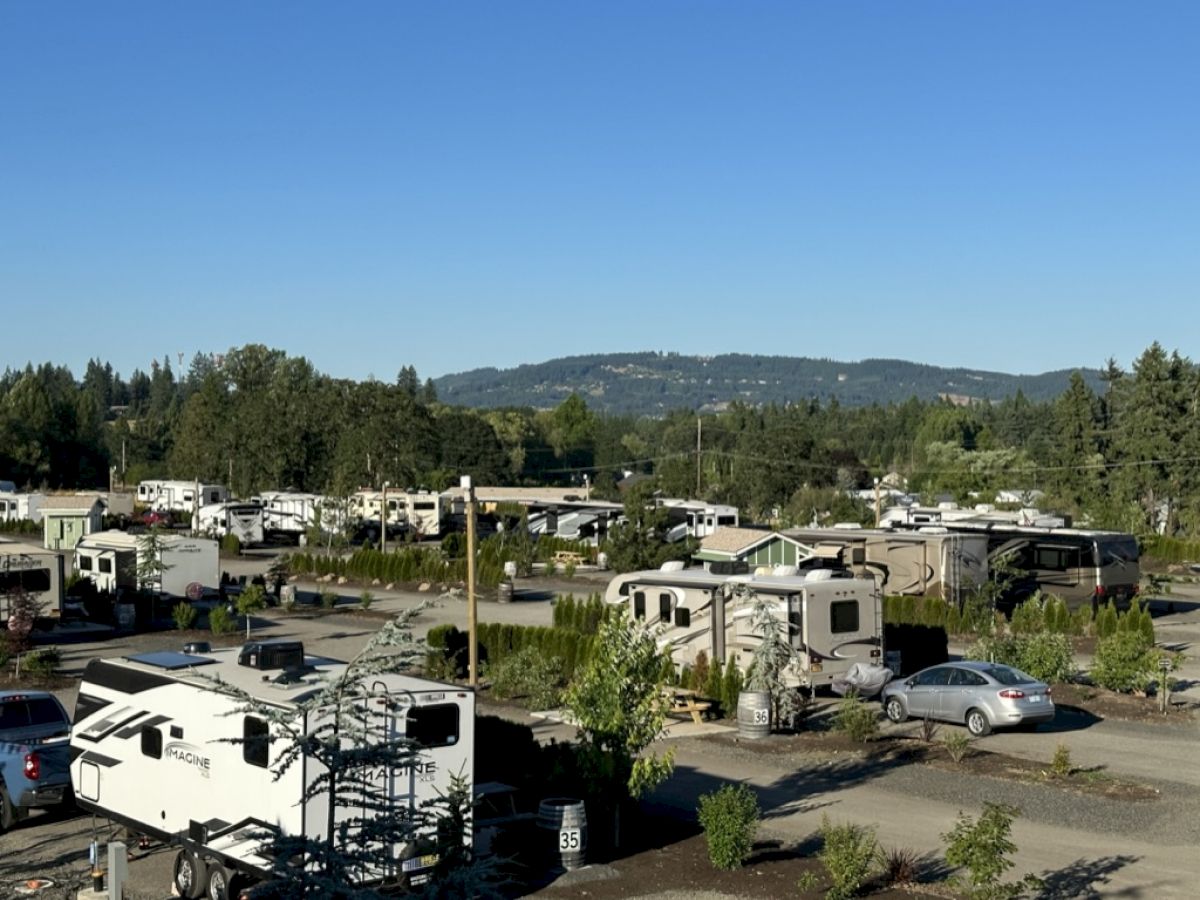 The image shows a campground with multiple RVs parked on a sunny day, surrounded by trees and mountains in the background.