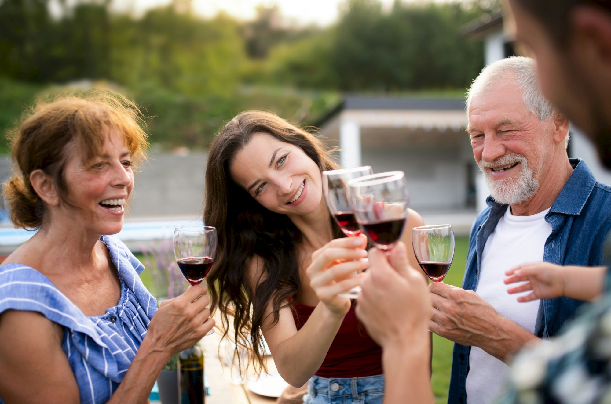 A group of people outdoors, smiling and toasting with glasses of wine, enjoying a social gathering.