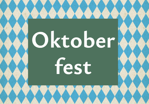 Blue-and-cream diamond background with a green card reading &ldquo;Oktober fest.&rdquo;