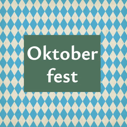 Blue-and-cream diamond background with a green card reading &ldquo;Oktober fest.&rdquo;