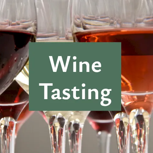 The image shows several red-wine glasses with &ldquo;Wine Tasting&rdquo; text over them.