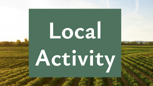 A photo of a green farm field at sunset with the text &ldquo;Local Activity&rdquo; centered on top of it.